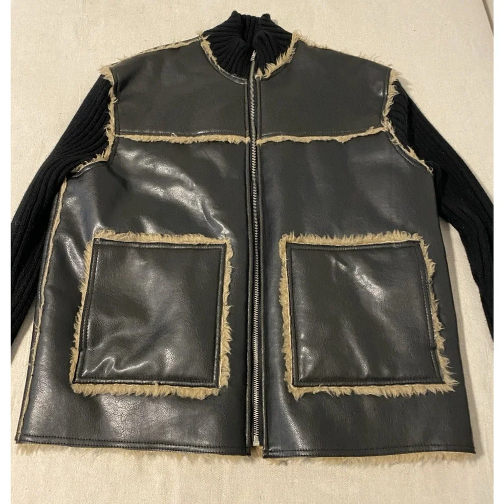 Sergie Platini Mens Italian Faux Leather Bomber Jacket Size Medium Sherpa Lined